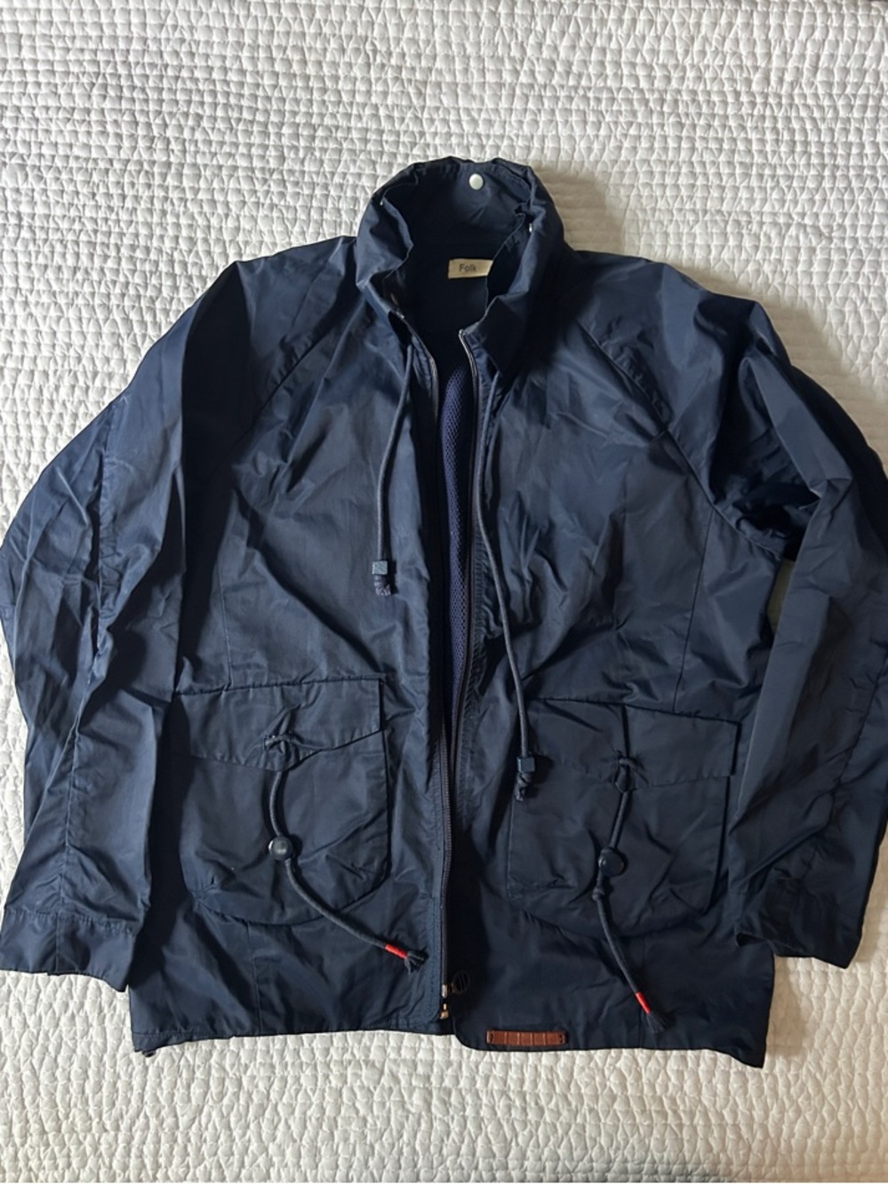 Folk Navy Hooded Rain Jacket with Drawcord Pockets
